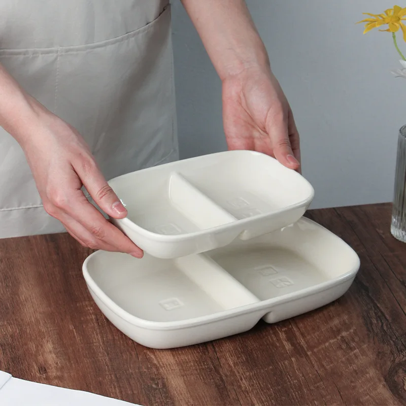 

Japanese Simple Children Tableware Home Two Compartments Separate Dinner Plate Ceramic Fruit Snack Platter Breakfast Salad Tray