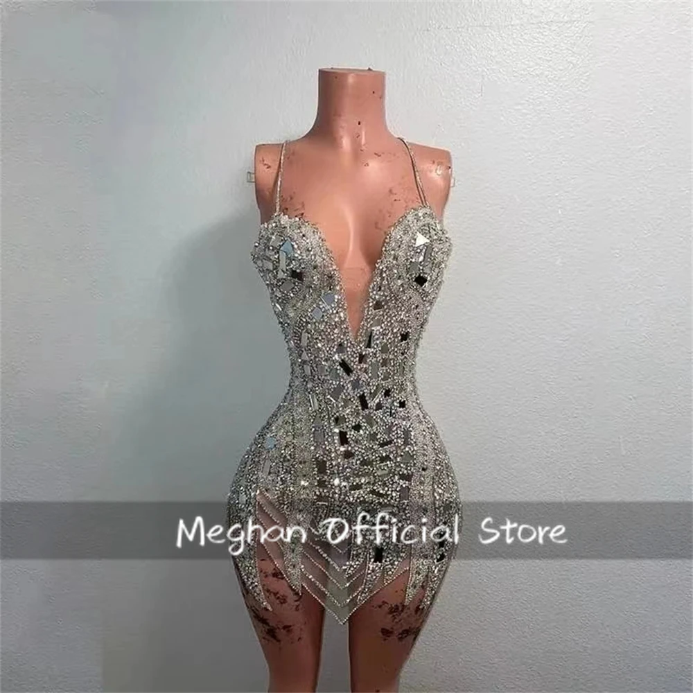 Silver Sweetheart Short Prom Dresses For Black Girl Bead Crystal Rhinestone 2024 Birthday Luxury Dress Mini Cocktail Customized