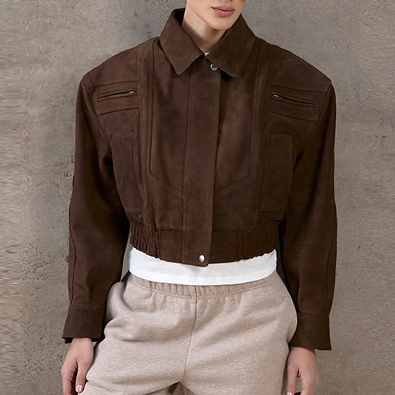 

Новая женская укороченная куртка 2026 года: повседневная, стильная, с отложным воротником, на молнии, с длинными рукавами, однотонная, с карманами, для города и офиса