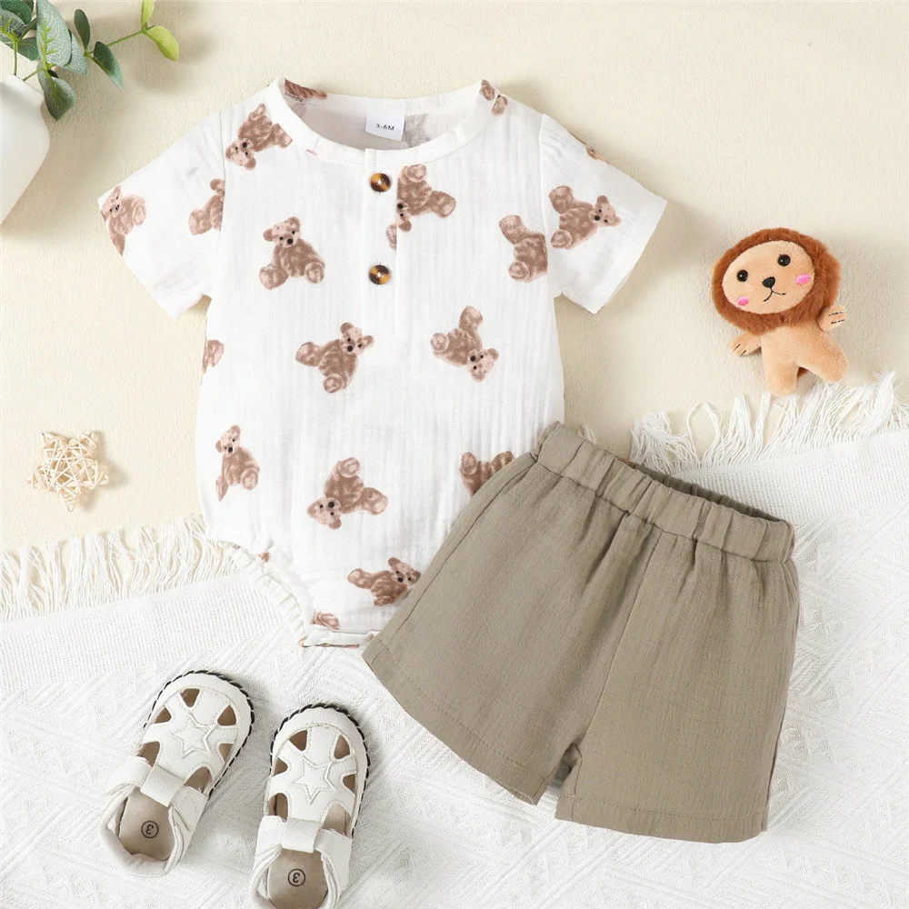 Newborn Baby Boy Clothes Set 0-18 Months Summer Infant Boy Casual Outfit Short Sleeves Cute Bear Bodysuit+Shorts Outfit Suit