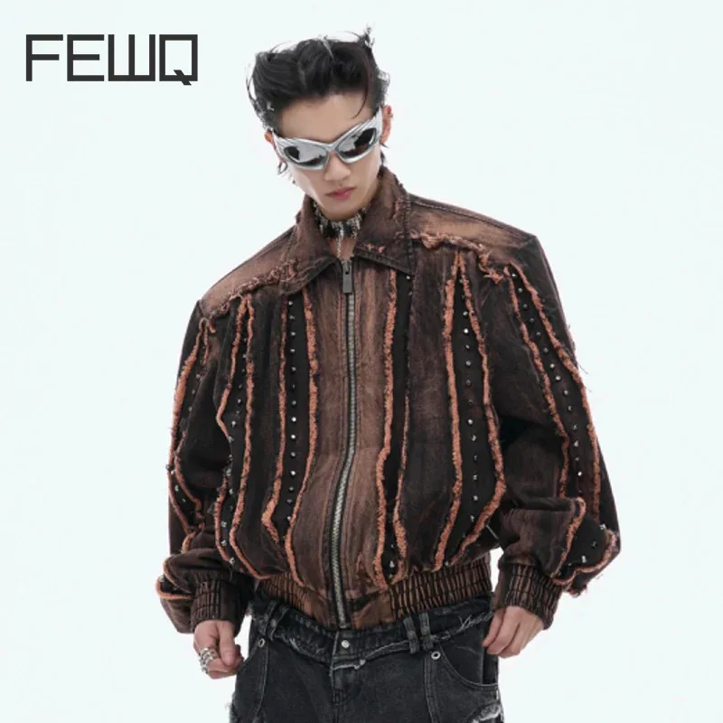 

FEWQ Niche Vintage Deconstruction Shoulder Padded Denim Jacket Metal Rivets Tassel Design Vintage Male Tops Fashion 24E1831