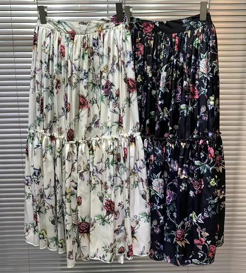 Newest Fashion Style Long Skirts High Quality Clothes Ladies Elegant Floral Prints Casual Party Club White Black Maxi Skirts