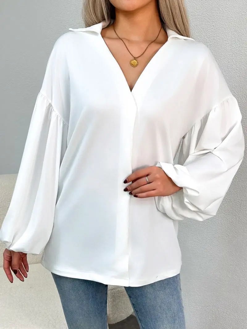 Women's Flip Collar V-Neck Top with Lantern Sleeves Loose Commuter Versatile Fashionable Top for All Seasons