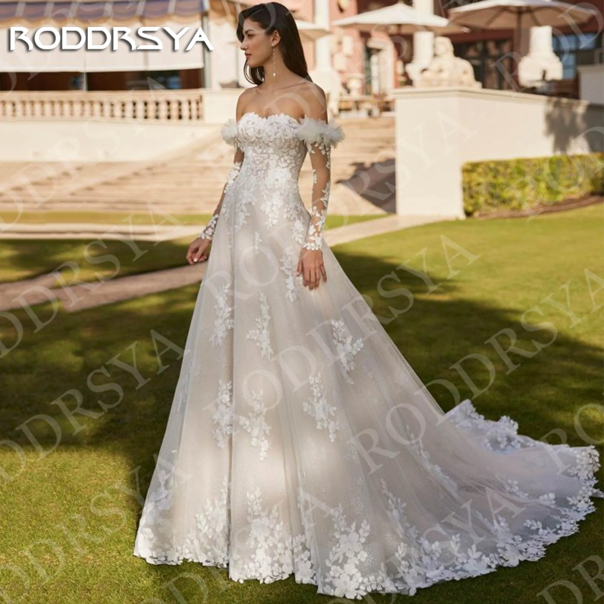 

RODDRSYA A Line Long Sleeve Wedding Dresses Lace Applique 3D Floral Off Shoulder Tulle Bridal Dress Customized vestido de novia