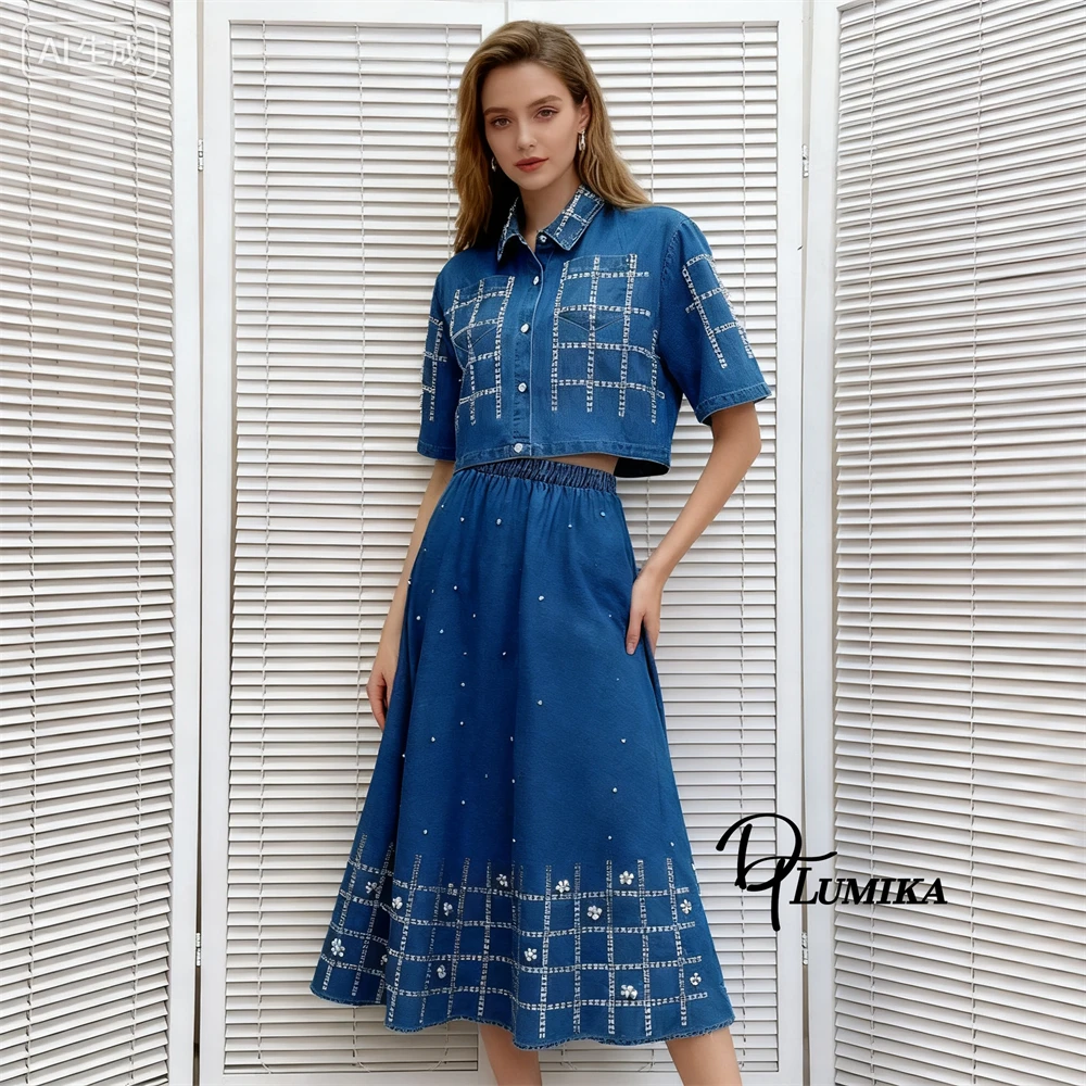 DTLumika 2025 أزياء الزي للنساء، قميص وتنورة من قماش الدنيم الأزرق مطرز مكون من قطعتين، فستان السفر على الشاطئ والخريف والربيع