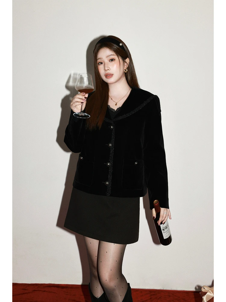 Elegante Chaqueta de Terciopelo Tallas Grandes con Cuello Azul Marino de Da Wan Sauce para Hermanas Curvilíneas, Nuevo Estilo Coreano de Invierno, Abrigo Corto