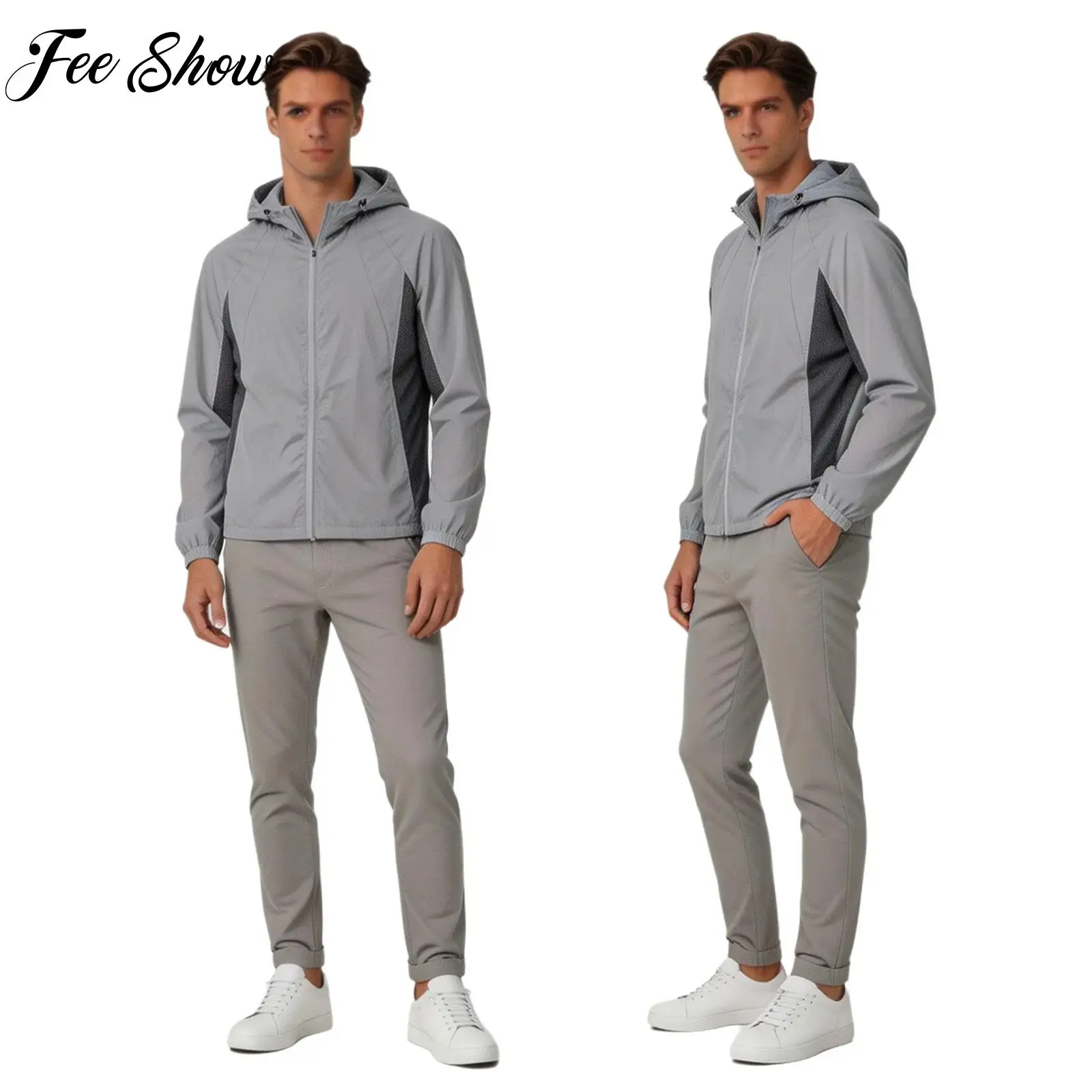 Men Lightweight Sun Protection Hooded Jacket Quick Dry Zipper Mesh Patchwork UPF50+ for Outdoor Hiking Camping Travel Summer