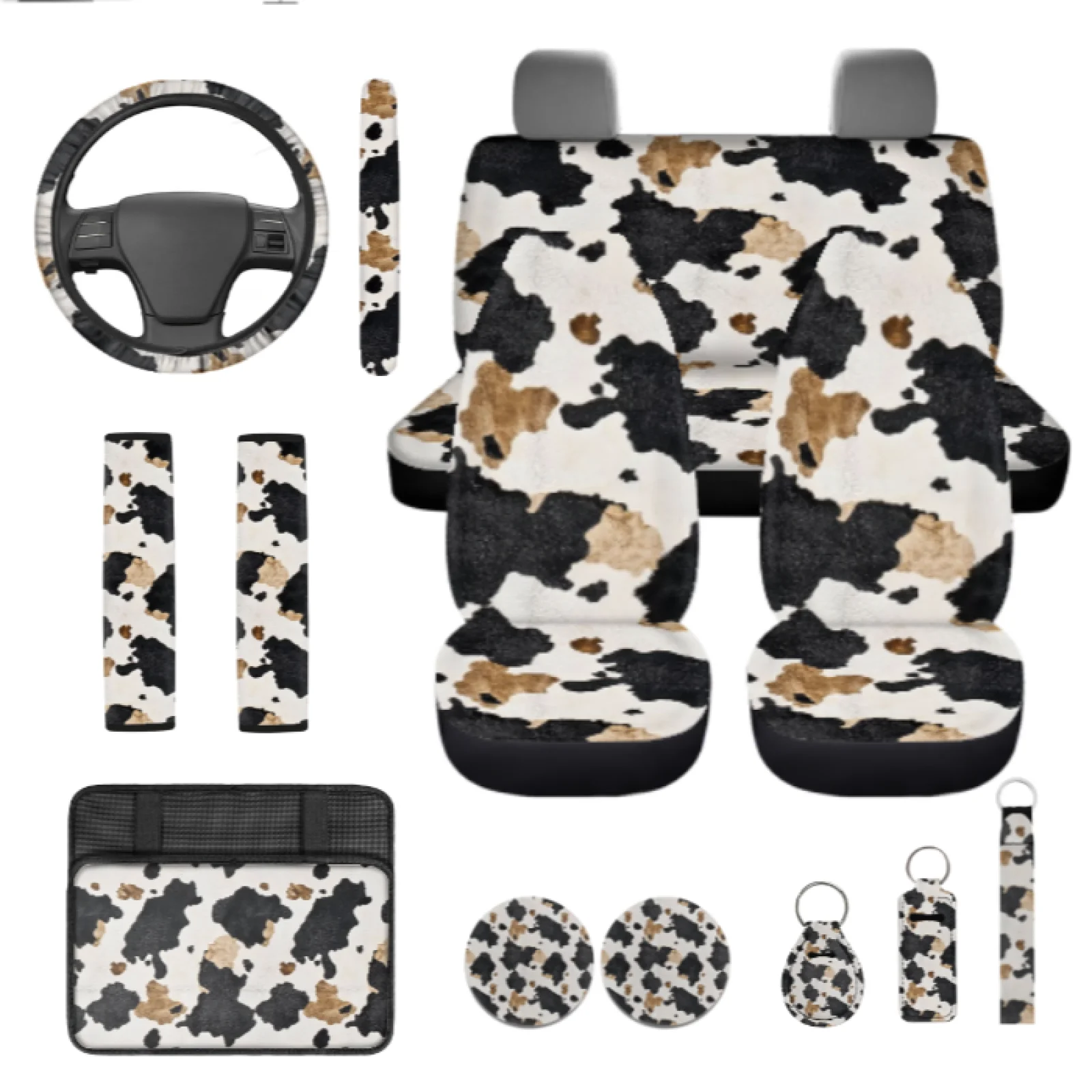 Acessórios de Interior Automotivo Coloranimal em Couro de Vaca 13 Peças com Capa de Volante Respirável e Capa de Console Central para Carros