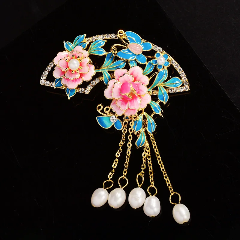 Retro Pink and Blue Enamel Color Peony Brooch for Women with Pearls Tassel Accessories China-Chic Cheongsam Flower Accessory Pin