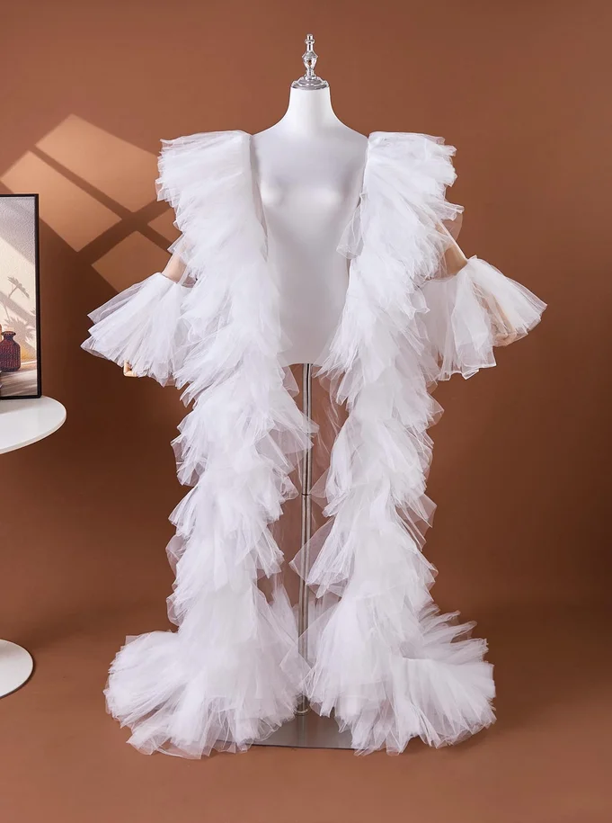 

Драматическая тюлевая шаль с рюшами, свадебная накидка, вуаль от кутюр, свадебная накидка, плащ с длинными рукавами, цвет на заказ