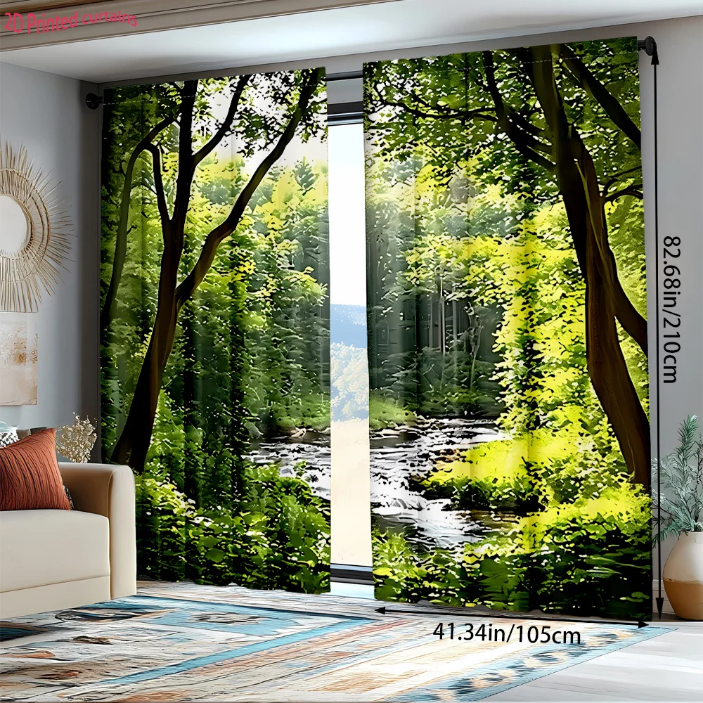 2D Printed Green Forest Stream Window Curtain Lush Tree Creek Light Filter Privacy Drape For Bedroom Living Room Homestay Decor