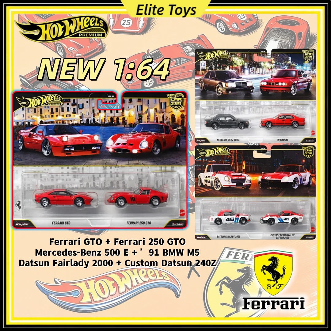 Hot Wheels Premium New 2-Packs Ferrai GTO Benz Bmw Datsun Alloy Car Model 1:64 Diecast Vehicle Collectible Display Car Culture