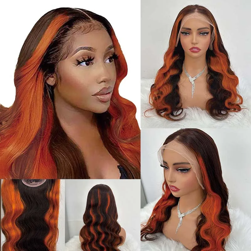 Highlight Ombre Ginger Orange Colored Body Wave 13X4/13x6/5x5 Lace Front Wigs High Density Human Hair Lace Frontal Wig