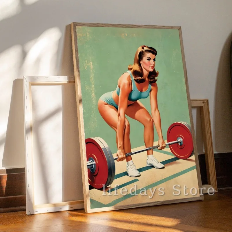 Retro Gym Girl Exercise Fitness Poster and Print Canvas Painting Body Building Weightlifting Wall Art Picture for Gym Room Decor