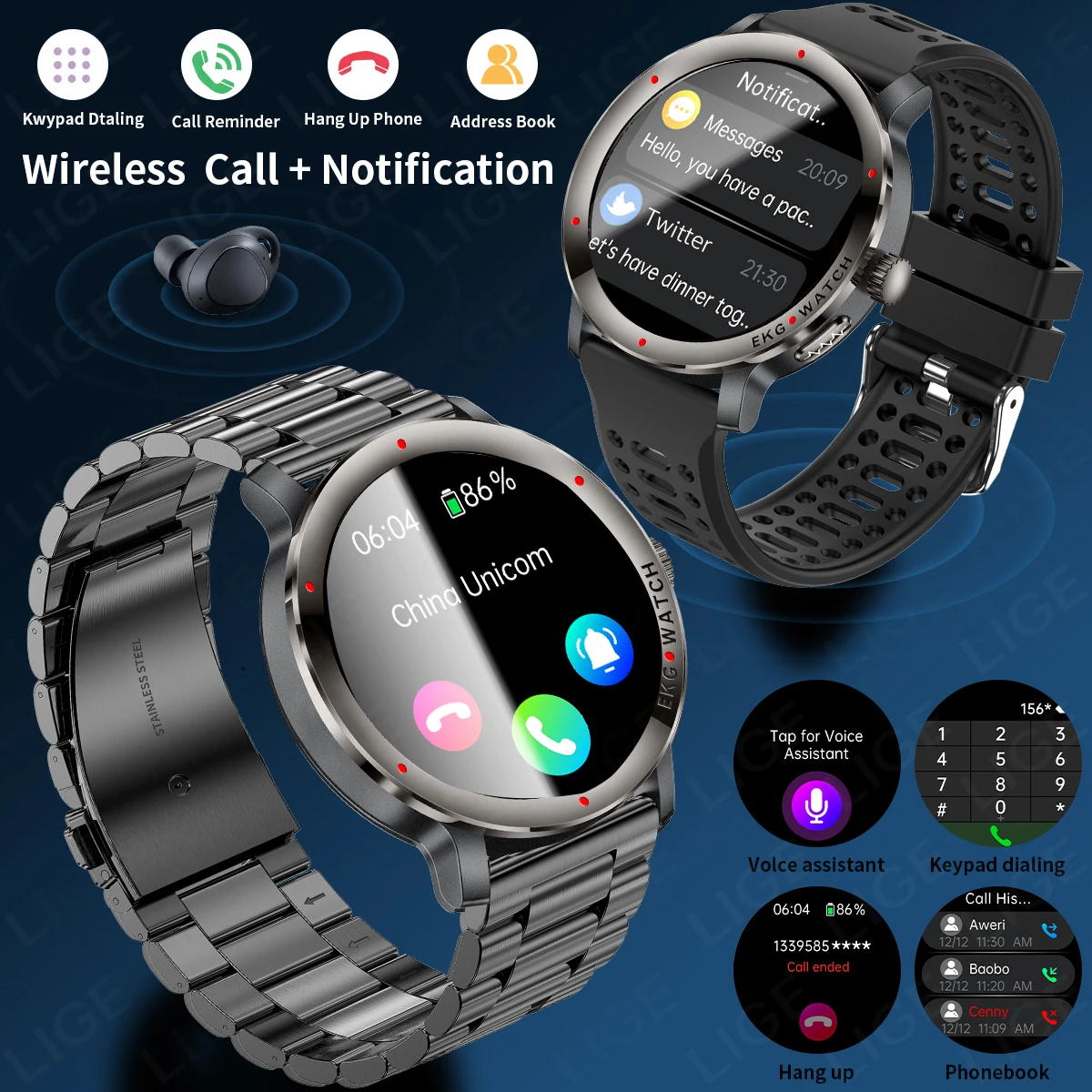 LIGE New ECG Health Smart Watch Bluetooth Call HRV Uric Acid Monitor Analysis Body Temperature Bracelet 120+ Sports Smartwatch