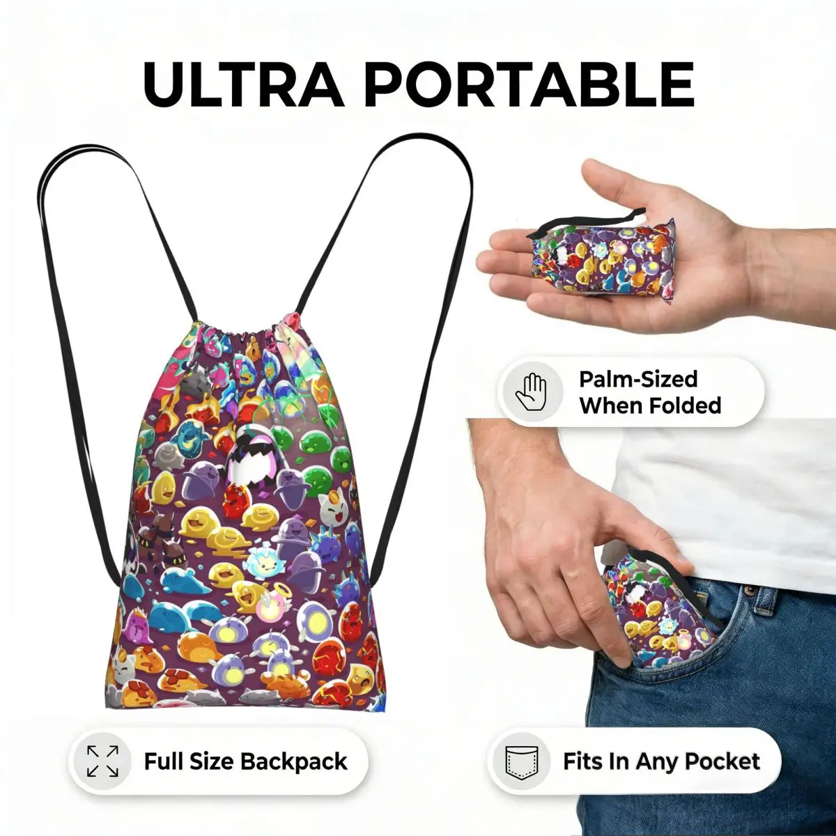 Slime Rancher Cartoon Game Anime Cute Drawstring Backpack hiking cycling Bag Lightweight Storage Drawstring Bag for Men Women