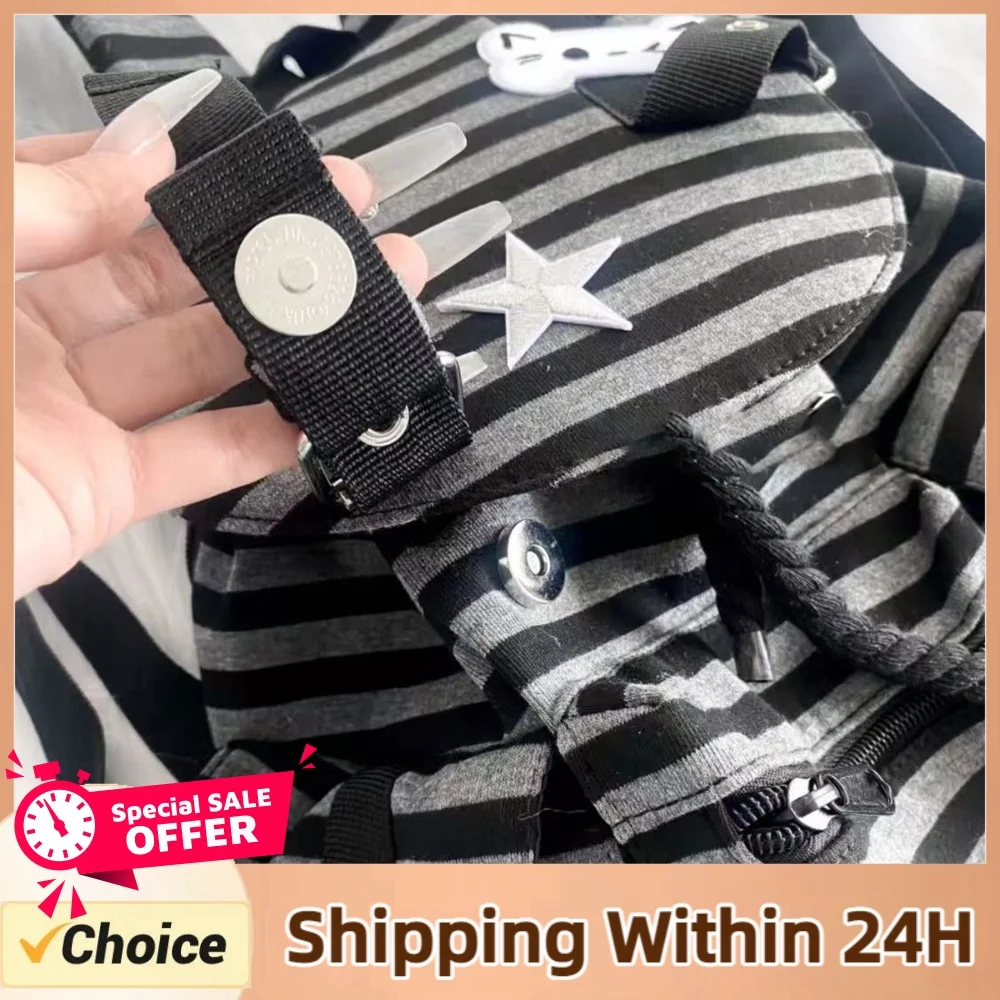 Retro Y2k Casual Striped Backpack Korean Style School Bag Multi-Pocket Large Capacity Versatile Bookbags K-pop Girl Women's Bag