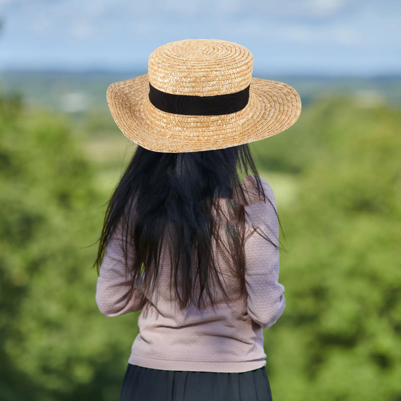 

Summer Sun Protection Hat Women Black Flat Brim Straw Beach Cap Wide Brim Hats Lady Sunshade Vacation Photo Shoot Outdoor
