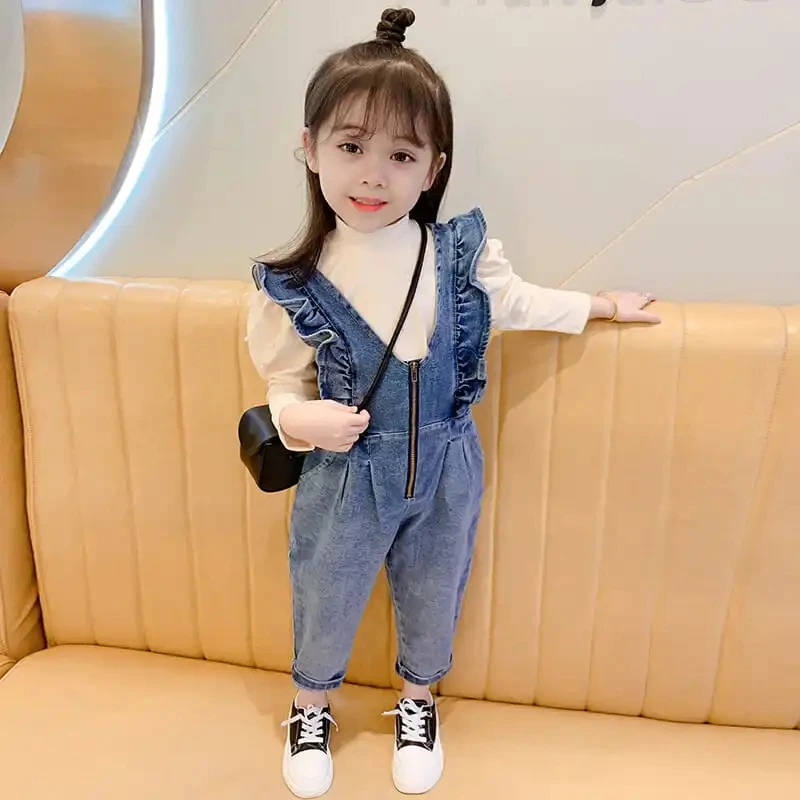 1 Piece Girls\' Denim Jumpsuits 2021 Spring Autumn New Trousers Children\'s Ruffles Overalls Girl Fashion Loose Denim Suspenders