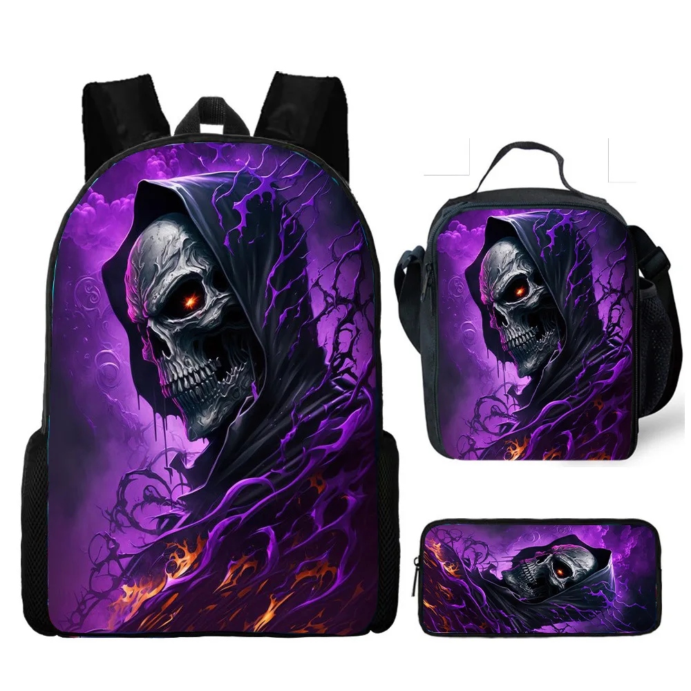 Hot selling skull backpack three piece set printed primary and secondary school backpack meal bag pencil case