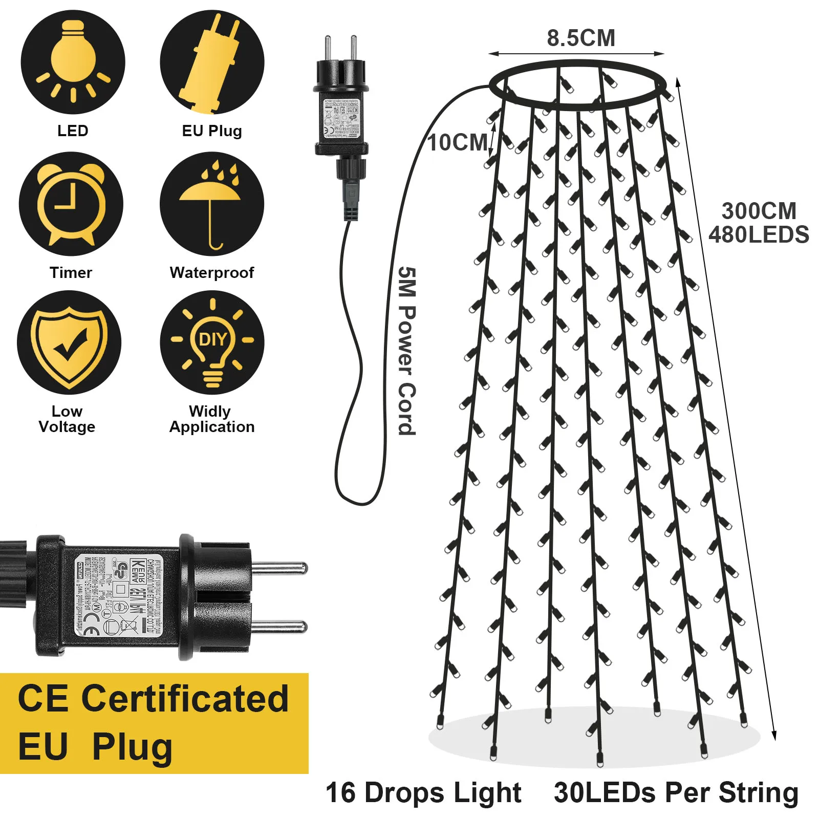 Lumières de cascade d'arbre de Noël à LED, 8 modes, étanche, 490 gible, extérieur, météore, étoile, nickel é, guirxiété lumineuse, jardin, décor de fête de Noël