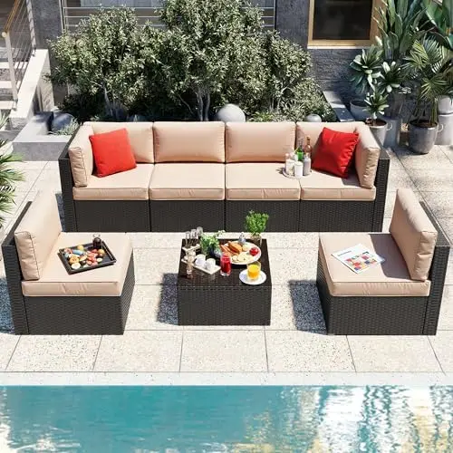 

7 Pieces Patio Furniture Sets, Outdoor Patio Conversation Set PE Rattan Wicker Sectional Sofa Couch with Glass Coffee