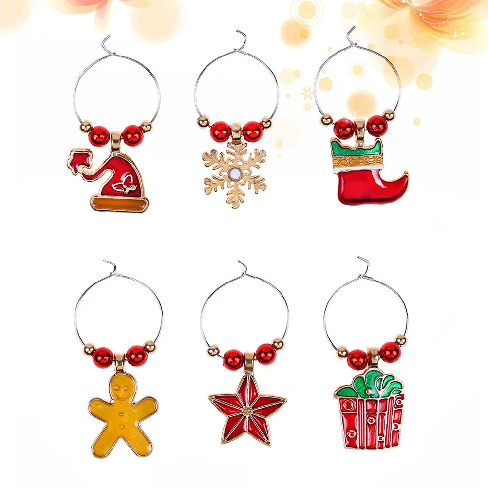 

6pcs Wine Glass Rings Christmas Themed Decorative Goblet Pendant Drink Markers Festive Party Home Bar Accessories Red