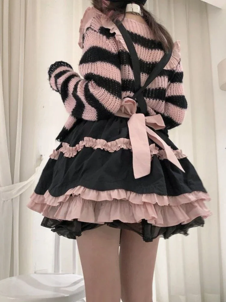 Black Pink Japanese Kawaii Lolita Skirt Women Bow Gothic Y2k Sweet Strap Skirt Female Korean Style Princess Fairy Skirt 2024 New