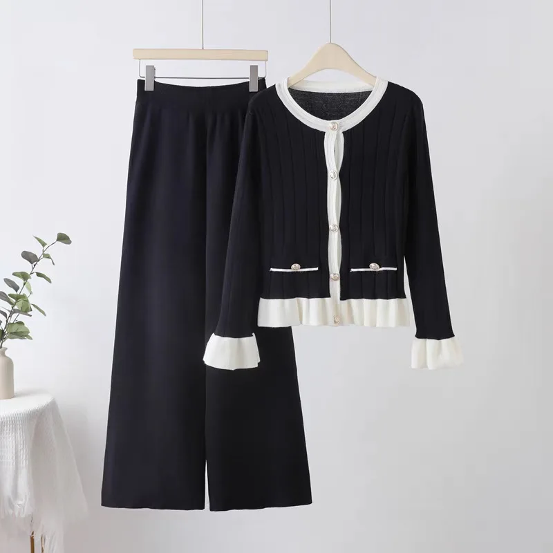 Knitted Suit Pants Fashion Button Fungus Edge Sweater + Wide Leg Pants Two-piece Set Autumn and Winter