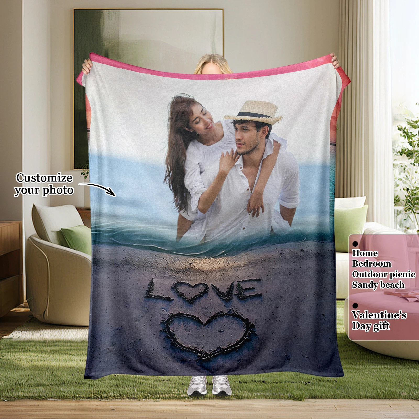 

Customized Romantic Beach Memories Blanket Couple Snuggling Smiling Valentine's Day Gift For Boyfriend Girlfriend Husband Wife