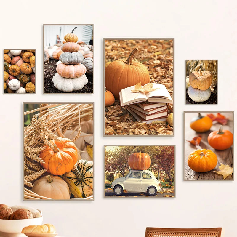 Autumn Yellow Leaves Fall View Landscape Wall Art Print Canvas Painting Pumpkin Halloween Poster Picture Living Room Home Decor