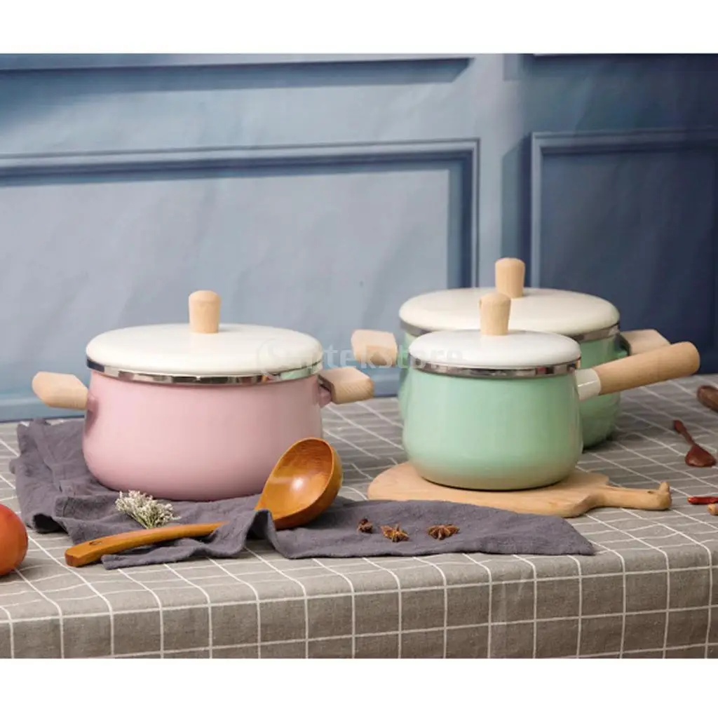 Enamel Milk Saucepan Stockpot Butter Warmer Pan Food Soup Noodles Cooking Pot Stock Pot Cookware with Insulated Wooden Handle