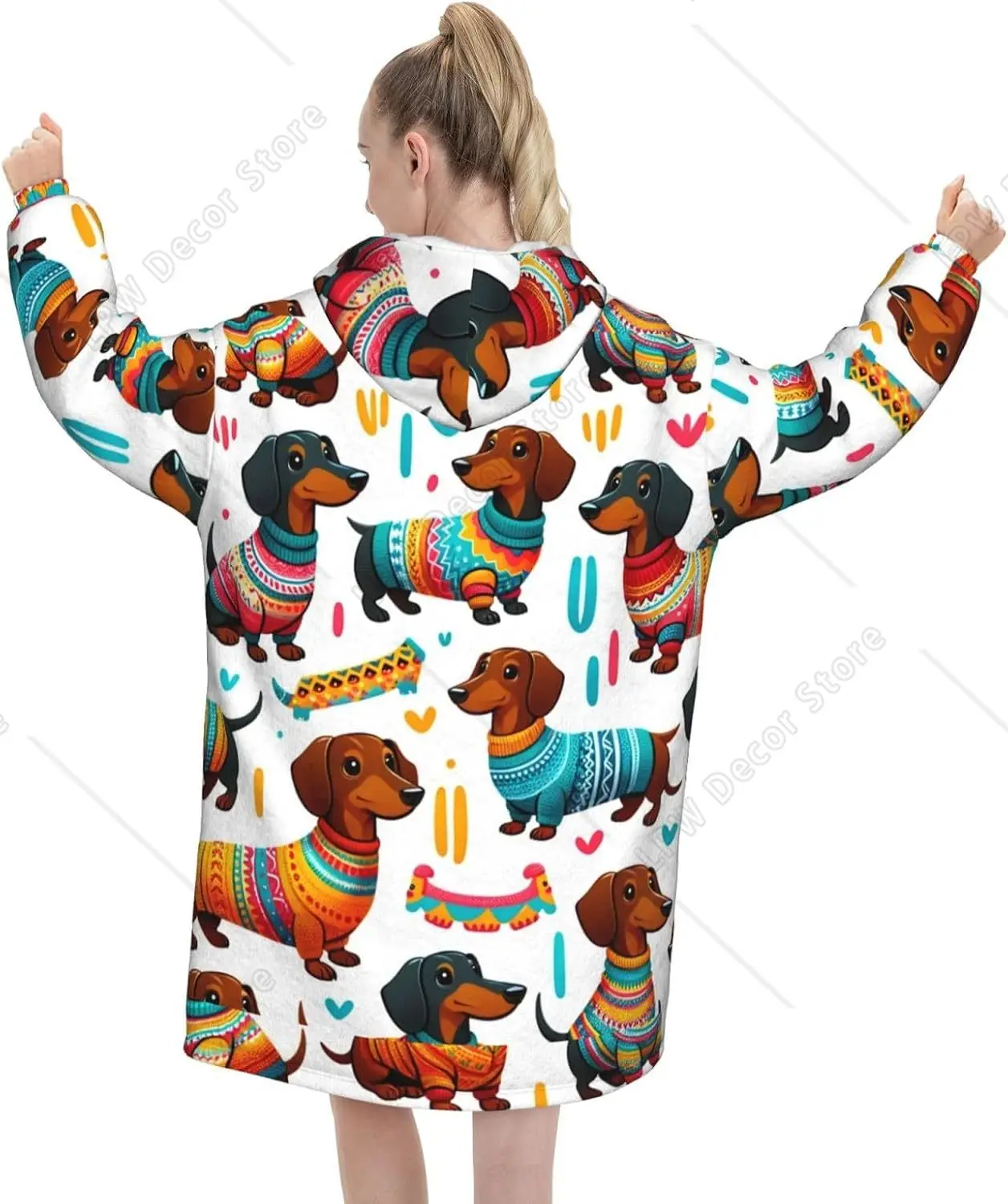 Oversized Flannel Wearable Blanket Hoodie For Adult DachshundIn Colorful Sweaters Soft Fuzzy Hooded Lounging Pullover