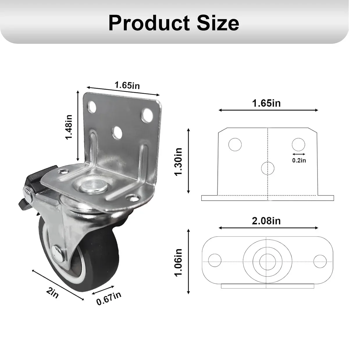 1.5/2 Inch Side Mount Casters, L-Shaped Rubber Casters Set of 4 Caster Wheels for Furniture, Cribs, Kitchens, Cabinets, Tables
