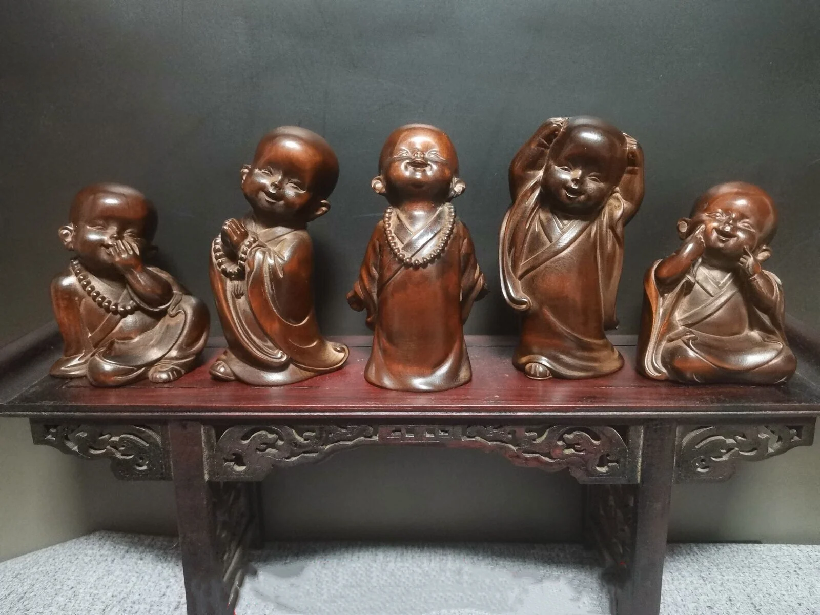 

Chinese Home Decoration boxwood hand-carved small monk statue collection 5pcs