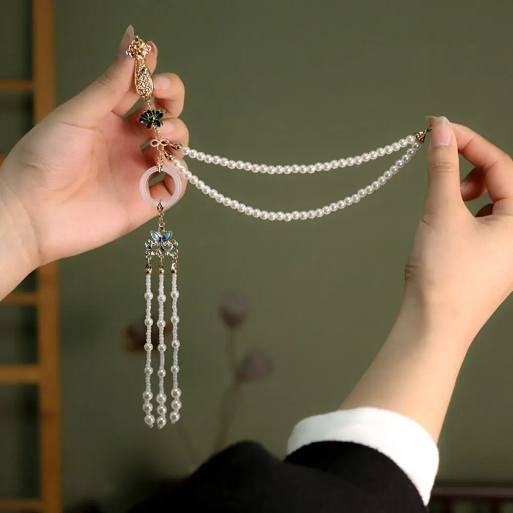 Imitation Pearl Women Hanfu Ornament Fashion Jewelry Long Hanging Tassel Chinese Style Brooch Alloy Cheongsam Pressed Lapel