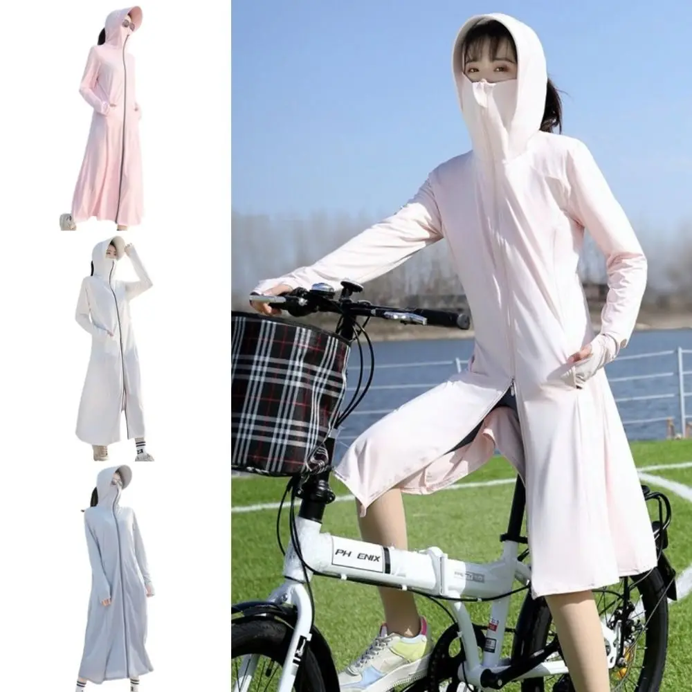 Ice Silk Sun Protection Long Coat Comfortable Hat Breathable Sunscreen Long Jacket Long Sleeve Hooded Anti-UV Dress Outdoor