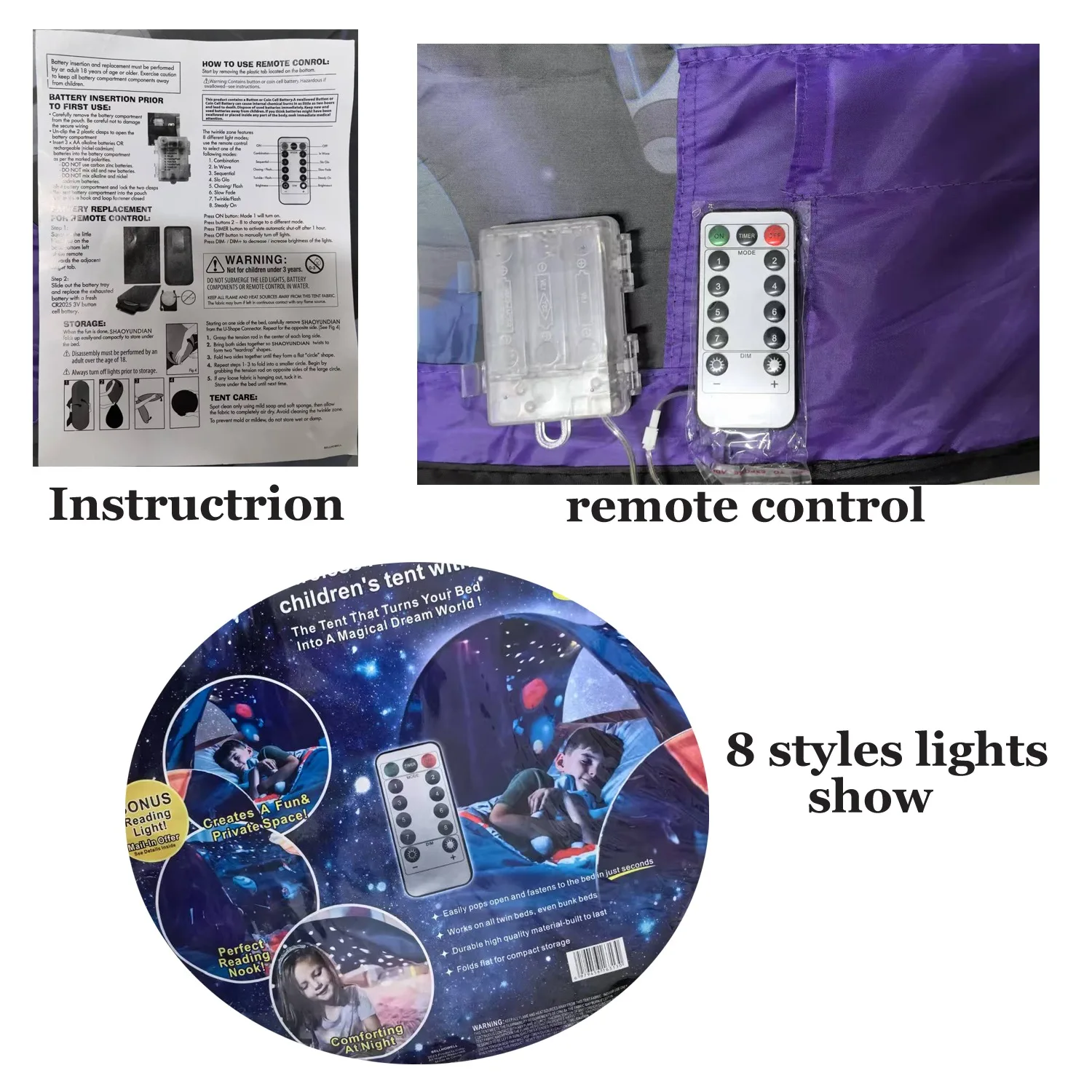 子供用ベッド用ライトショー付きドリームテント、収納ポケット付き折りたたみ式キッズテント、蚊帳付きベッドテント