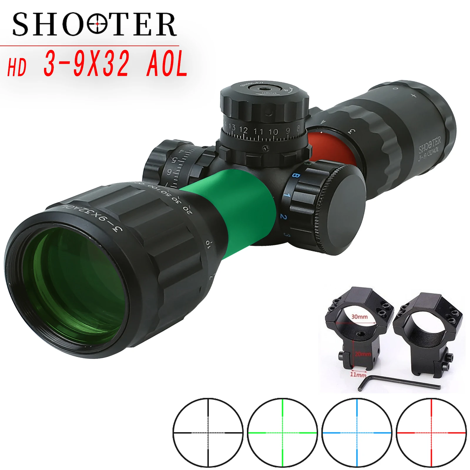 

SHOOTER 3-9X32 AOL Short Tactical Riflescope with Blue &Red&Green Lights Mil-dot Optic Sight hunting optics for night hunting