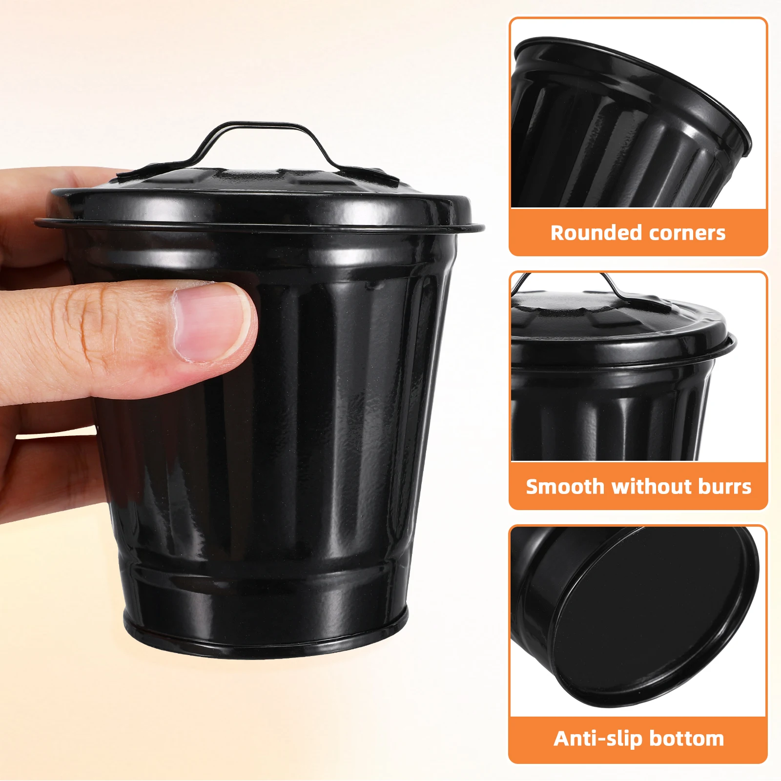 Black Metal Mini Office Trash Can Lid Desktop Waste Basket For Living Room Desk Pen Holder Bin Garbage Can With Lid