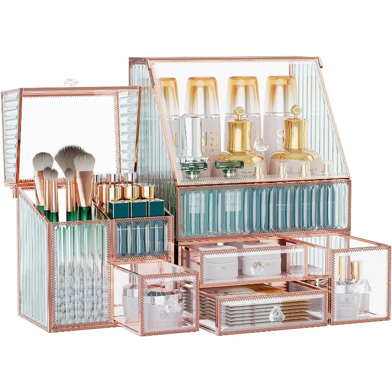 

Tempered Glass Makeup Organizer Countertop - Multi-Functional 3-in-1 Cosmetic Organizer for Skincare, Lipstick, Brushes - Vanity