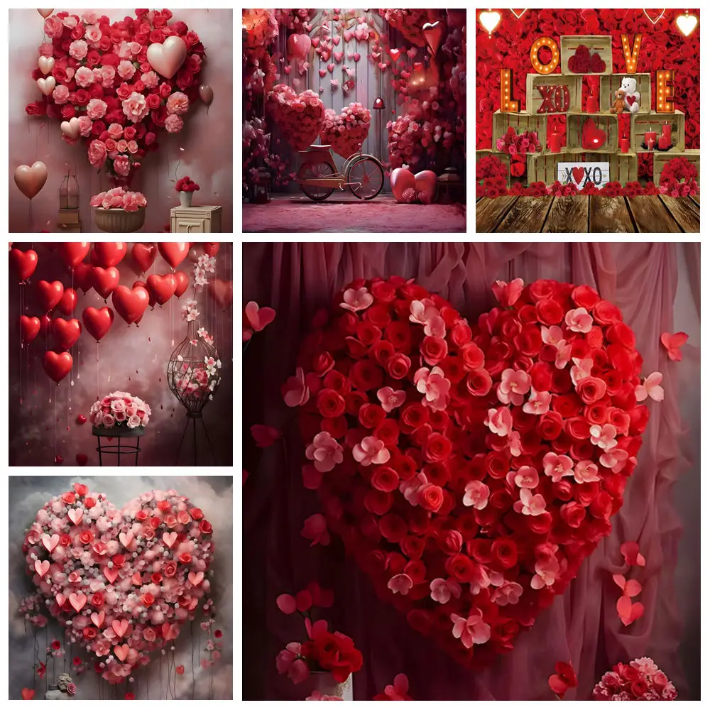 Valentine's Day Photography Backdrops Golden Glitter Red Roses Love Heart Wood Floor Wedding Party Decor Background Photo Studio