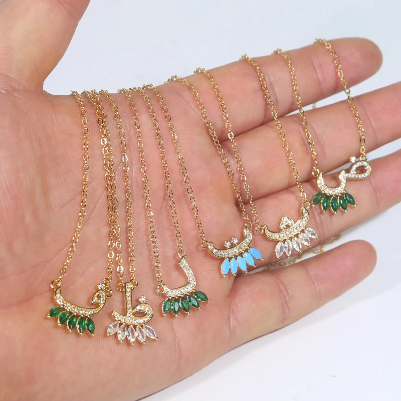 Total 31 Different Shape Arabic Letter Pendant Necklaces for Women Paved Green White Cz and Turquoise Gold Color Fashion Jewelry