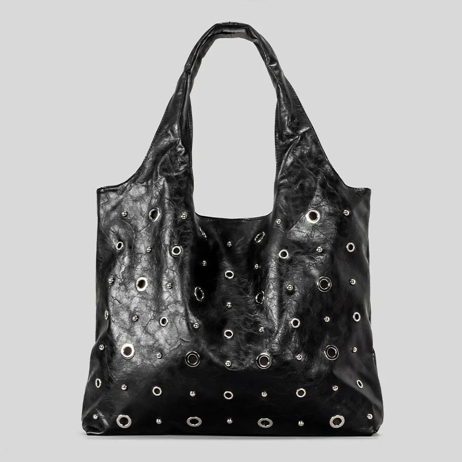 Fashion Hollow Rivet Large Capacity Tote Bag Hobos Women Handbags Luxury Soft Pu Leather Shoulder Bags Trend Big Shopper Purses - Image 4