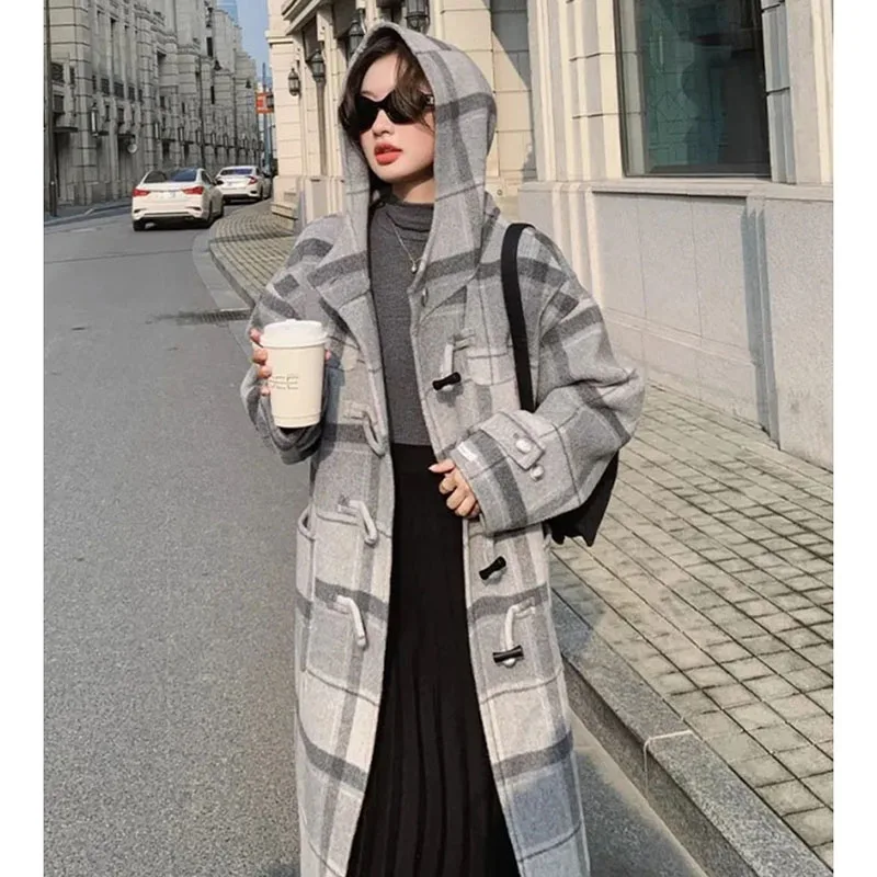 Woolen Long Coat Retro Plaid Warm Long Sleeve Hooded Outwear Cow Horn Button Office Lady Fashion Casual Loose Jacket