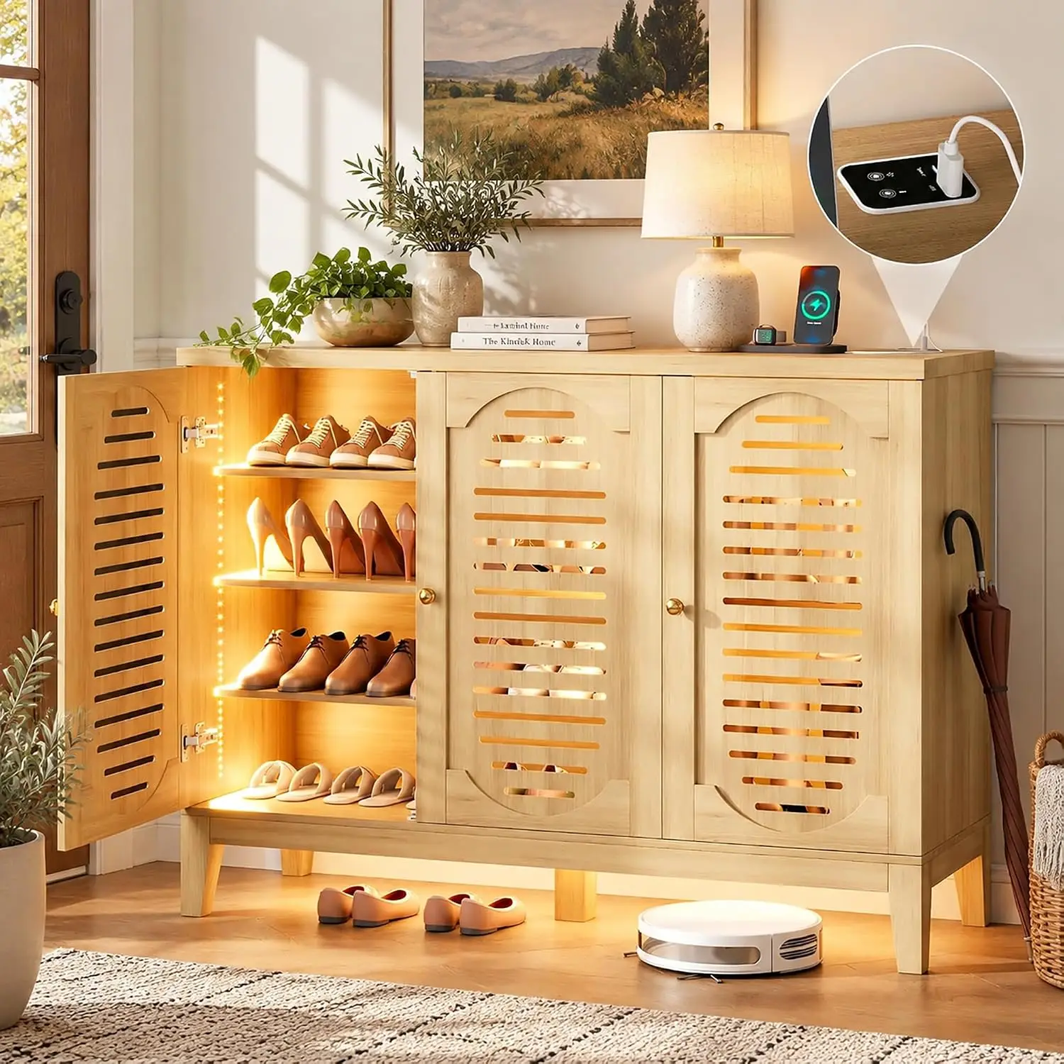 Shoe Storage Cabinet Slatted Door Motion Sensor Light Entryway Organizer 2-Tier Wooden, Customized