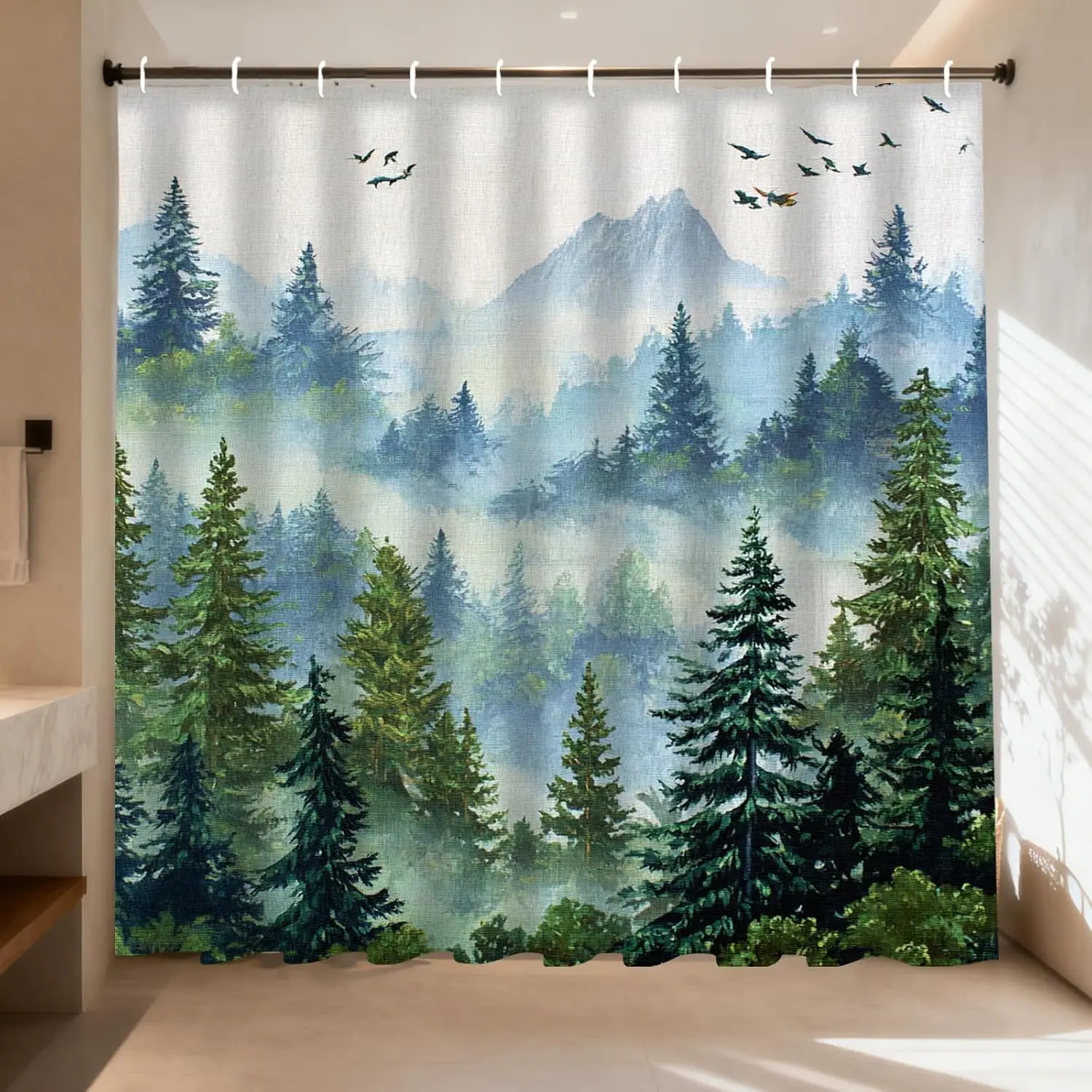 

Forest Mountain Scene Shower Curtain Polyester Waterproof Shower Curtain with Hooks Curtains for Nature-Inspired Bathroom