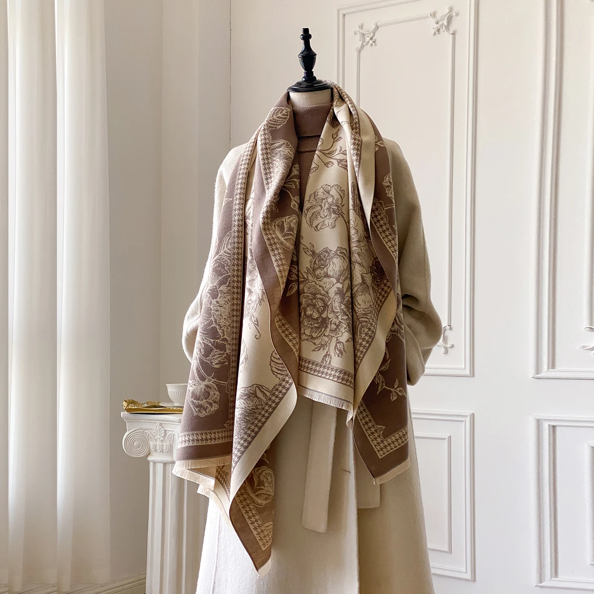 フラワープリント レディース スカーフ 暖かいスカーフ ショール シンプル イミテーション カシミア スカーフ 厚いショール ジャカード ファッション 秋と冬