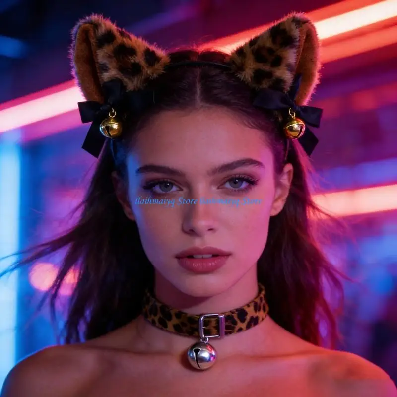 

573B 2Pieces Cats Costume Cats Ears Headband with Bells Collar Set Halloween Costume