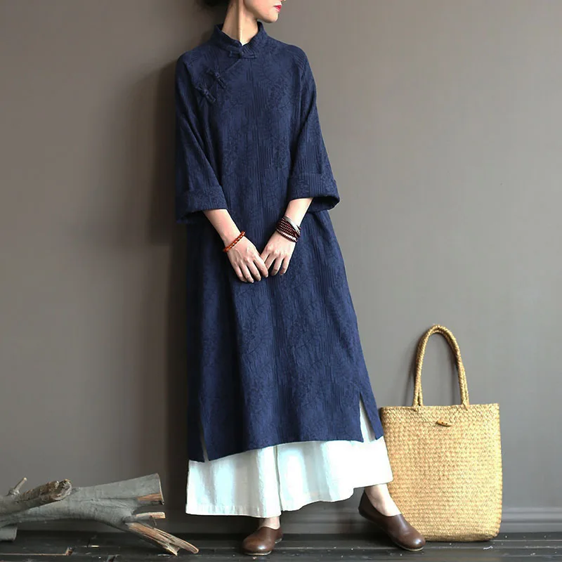 Original Retro Modified Version Of Cheongsam Dress Women's Long Sleeve Jacquard Cotton Hemp Temperament In The Long Skirt Autumn